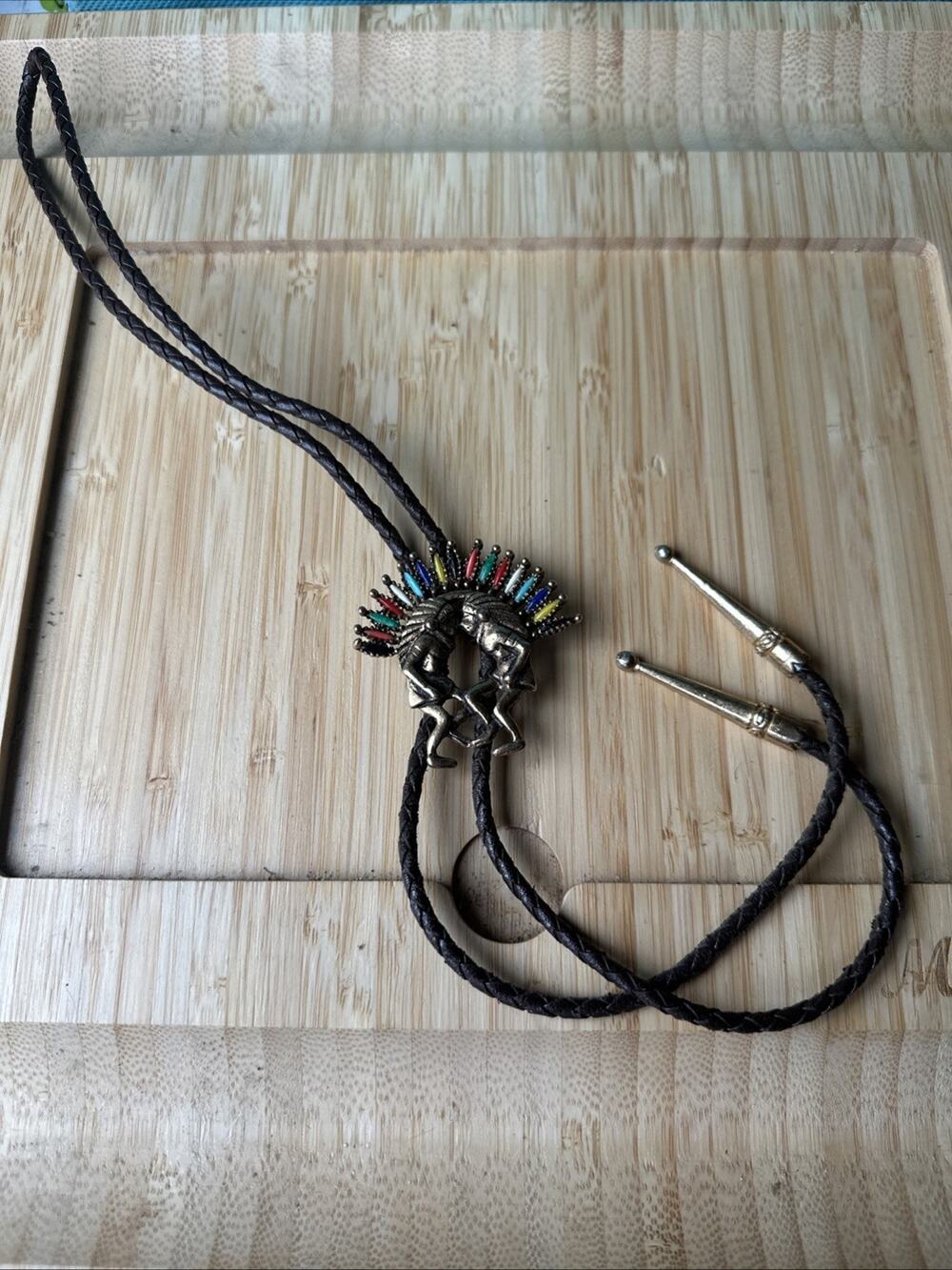 Vintage Dancing Native American Chiefs Bolo Tie Rainbow Goldtone
